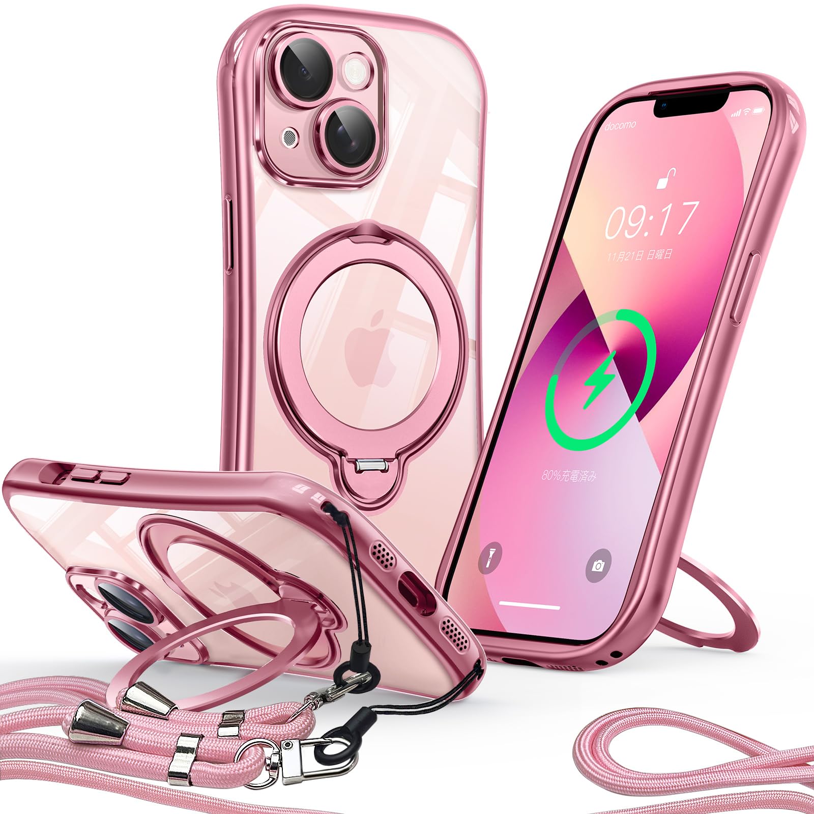 Reukdnv iPhone 14 / 13 用 ケース ショルダー 360°回転スタンド Magsafe対応 一体型レンズ保護(ピンク)