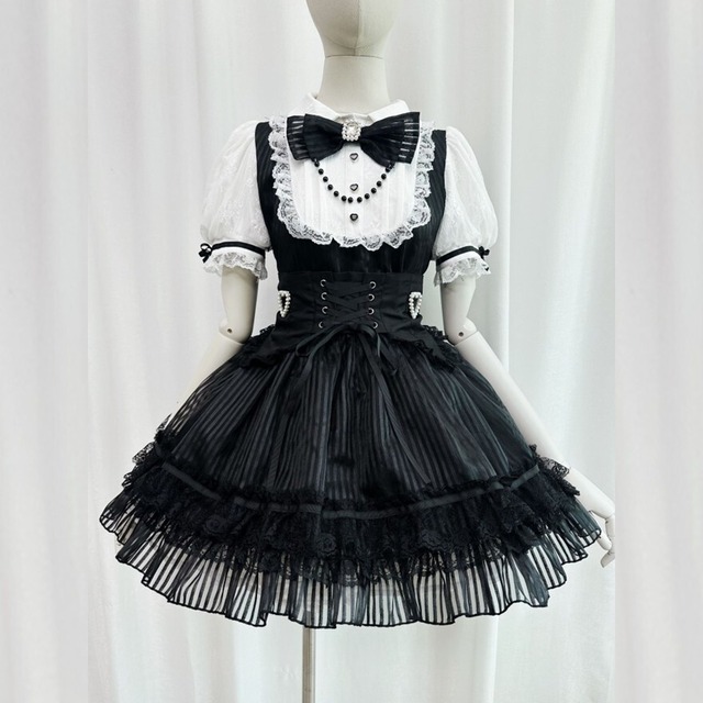 ゴスロリ ミニワンピ メイドワンピ ウエストベルト付き ストライプ柄