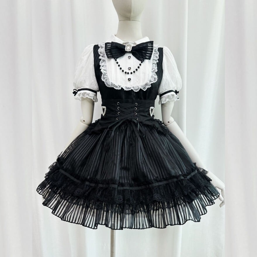 ゴスロリ ミニワンピ メイドワンピ ウエストベルト付き ストライプ柄