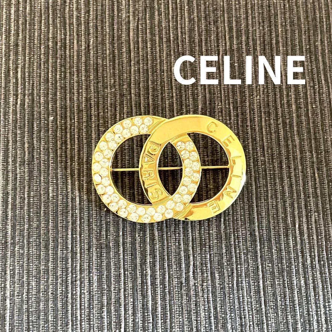 CELINE セリーヌ ブローチ Wサークル CELINEロゴ ラインストーン