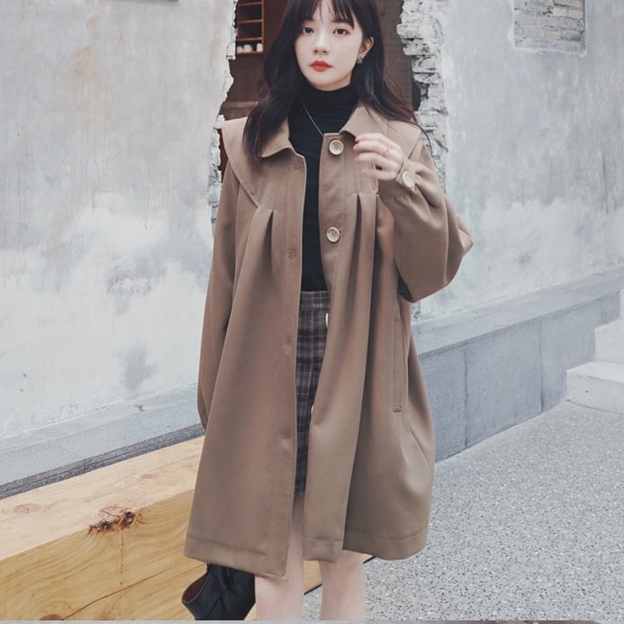 送料無料 アウター コート レディース ビッグカラー ショート ジャケット 可愛い 制服風 春 秋 コーヒー ブラウン 茶色 襟付き ミディアム丈 シングルブレスト ボタン 長袖 ポケット カジュアル シンプル レトロ 大人可愛い おしゃれ 大人女子 お洒落 こなれ感 S M L Xl
