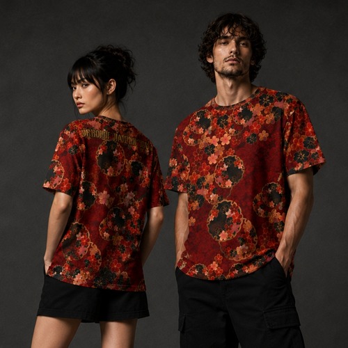 和紋様装飾　桜蝶レッド　和柄ユニセックス 180G Performance Tシャツ