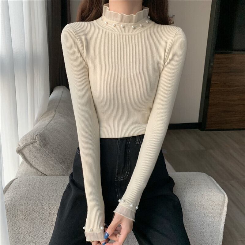 レースカラーニットセーター レディースオータムシャツ ブラウス ロング 秋物 萌量不足46820983418