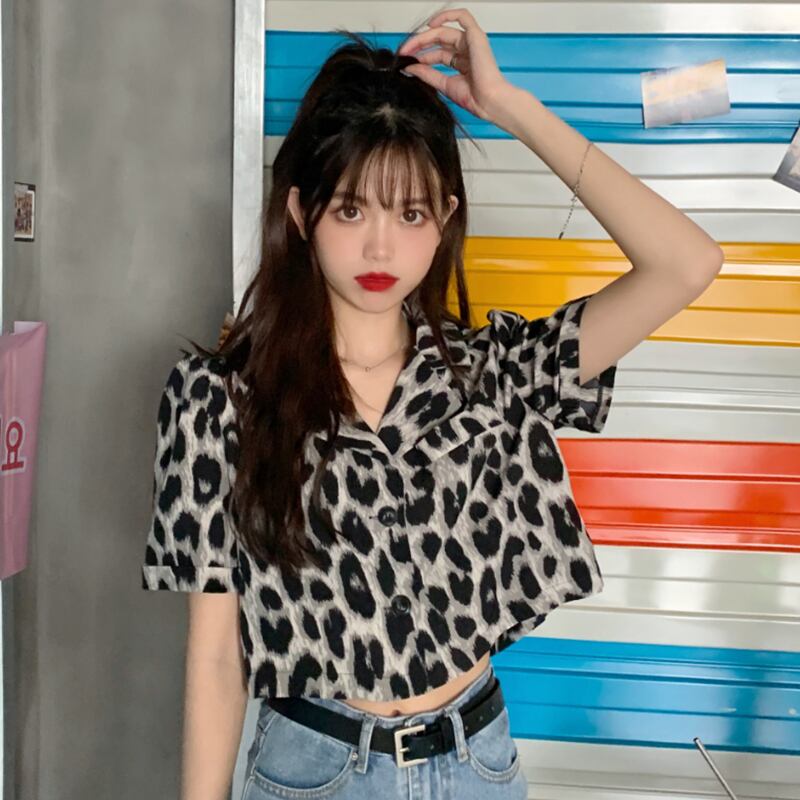 レオパードシャツ サマーカラーショートトップス 夏物 萌量不足58922737857