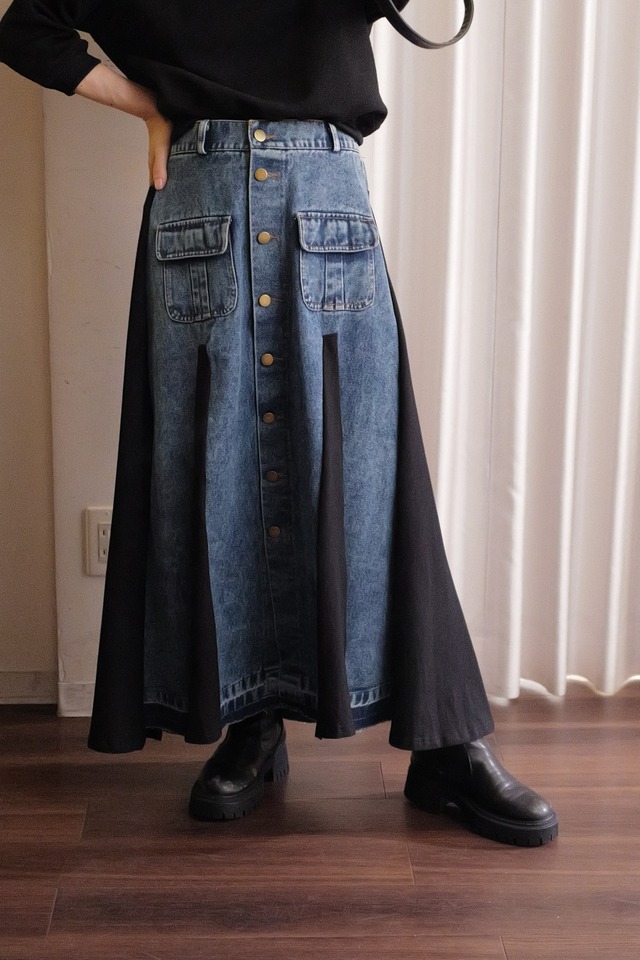 denim combi button skirt blue black