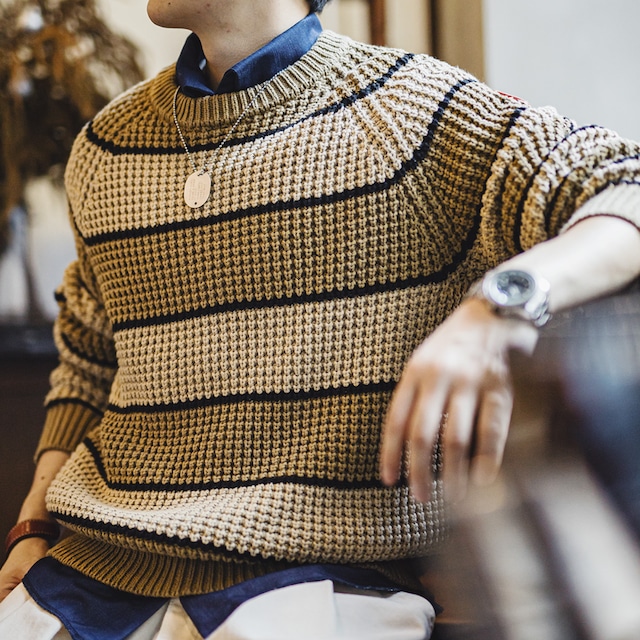 アースカラーボーダーパターンローゲージニット 224144