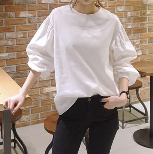 シンプル無地 デザイン袖 パフスリーブシャツ