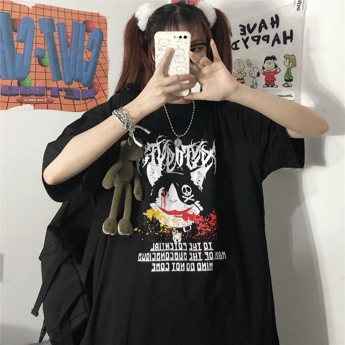 送料無料】KOREA ダークプリントルーズTシャツ メンズレディース