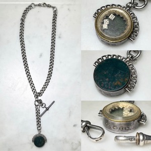 antique c1911 heavy gauge silver fob chain set with bloodstone & dice pendant