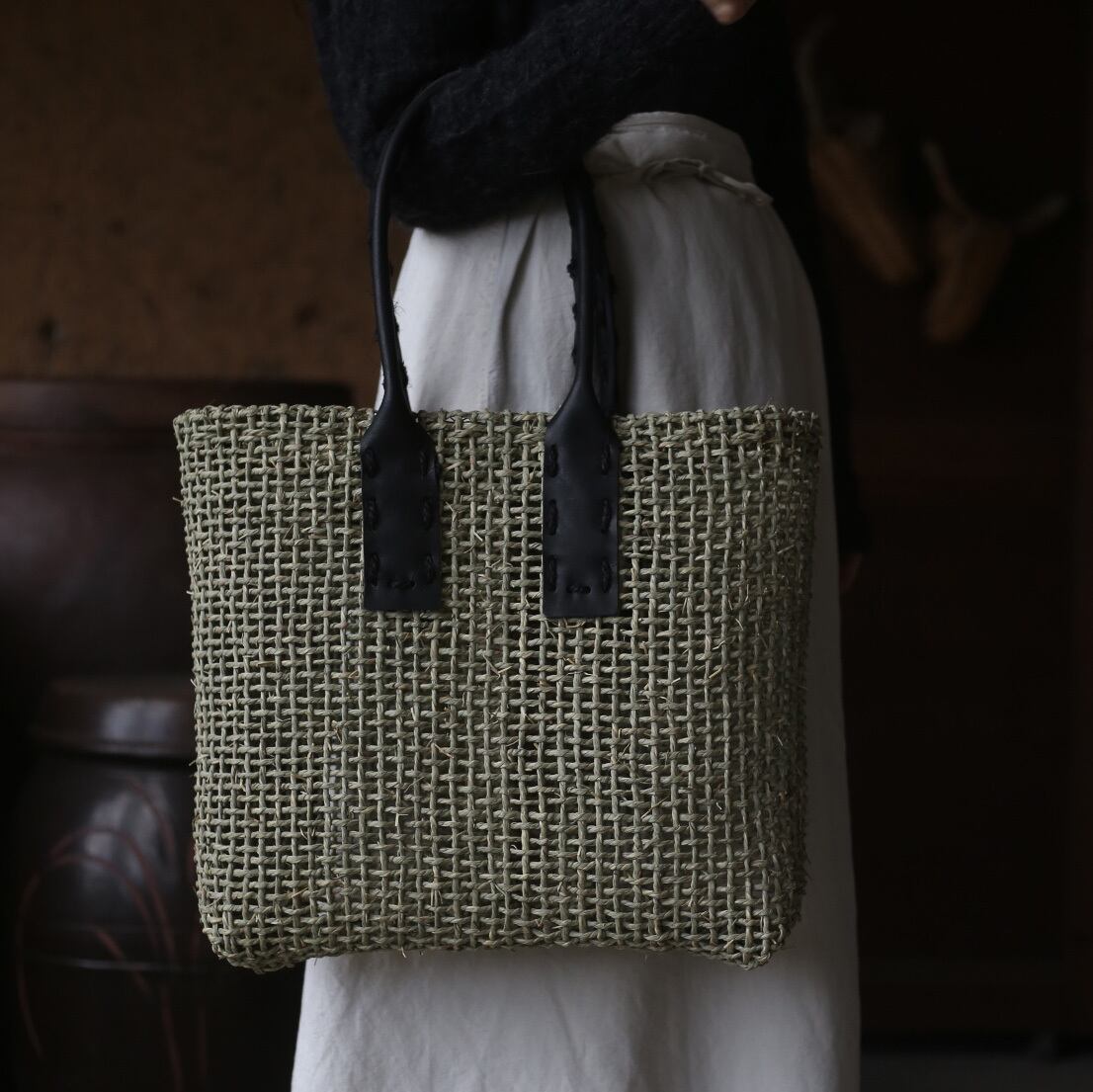 【未使用品＊】須浪亨商店 いかごバッグ　レザーハンドル（ブラック） 須浪亨商店 | くらしのギャラリー杜の街グレース店