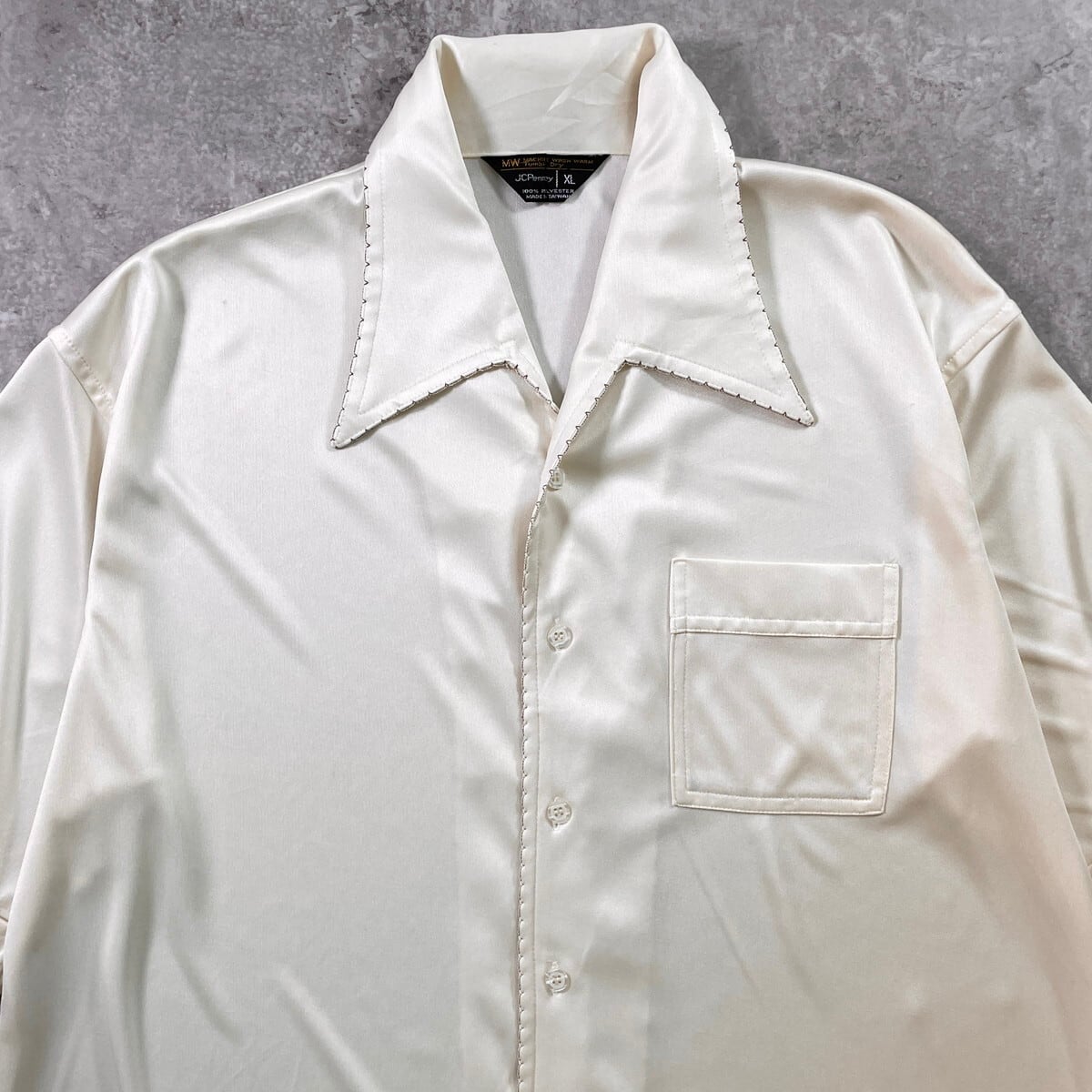 2*p様 70s ホワイトレーヨンギャバシャツ ビッグサイズ ドレープ 70年代 JC Penney 半袖 ポリエステルシャツ ポリシャツ メンズXL 古着