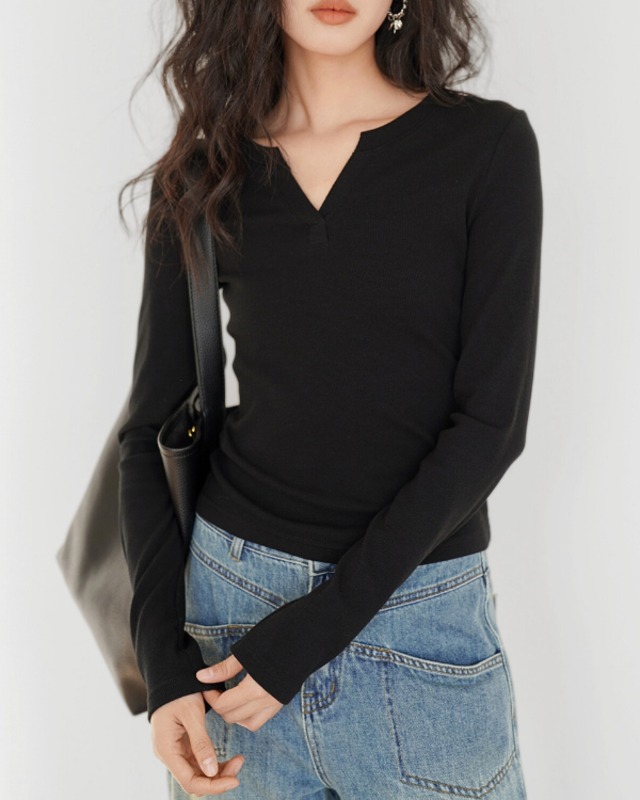Slit neck long sleeve ribbed top ◇2color　TH2661