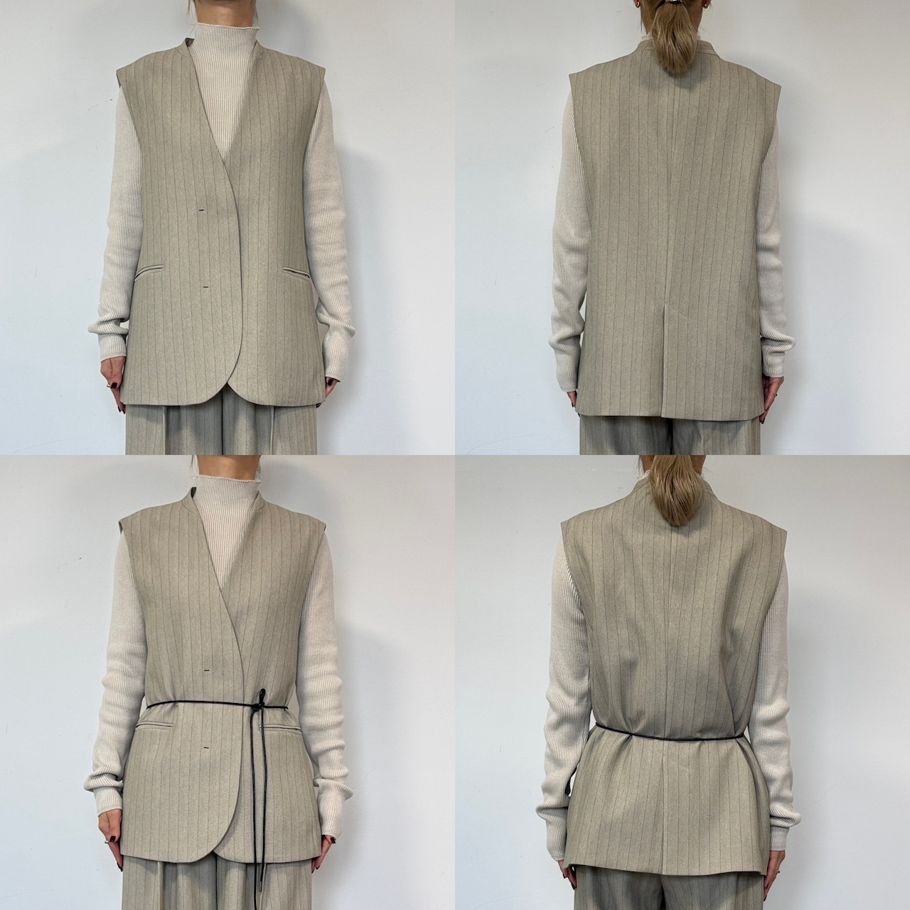 【受注予約:10月上旬入荷予定】コードベルト付ノーカラーgilet/ストライプ×グレージュ