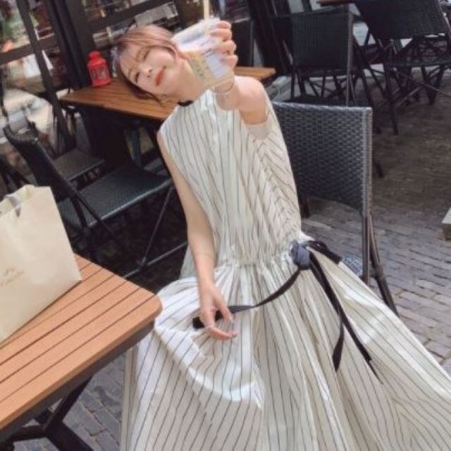 ワンピース ストライプ Aライン バッククロス ノースリーブ 送料無料 ☆ マキシ丈 ノースリーブ ストライプ Aライン
