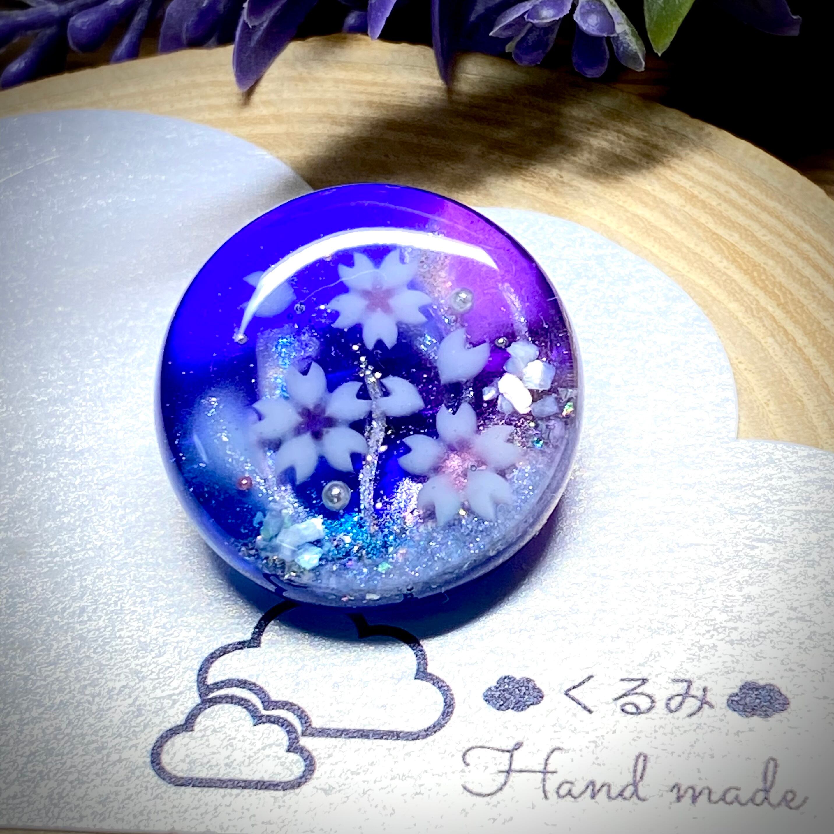 レジンブローチ 桜 丸プレート 24mm パープル