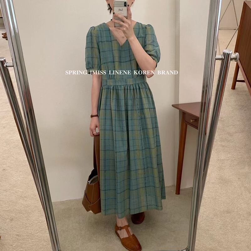 グリーン格子柄ドレス サマールーズラウンドネック半袖スリーブウェストスカート ショート ハーフスリーブ 夏物 Oネック ビッグFスモールZ韓国87141157863
