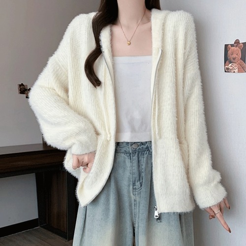 2色／ジップアップシャギーニットパーカ ・74040