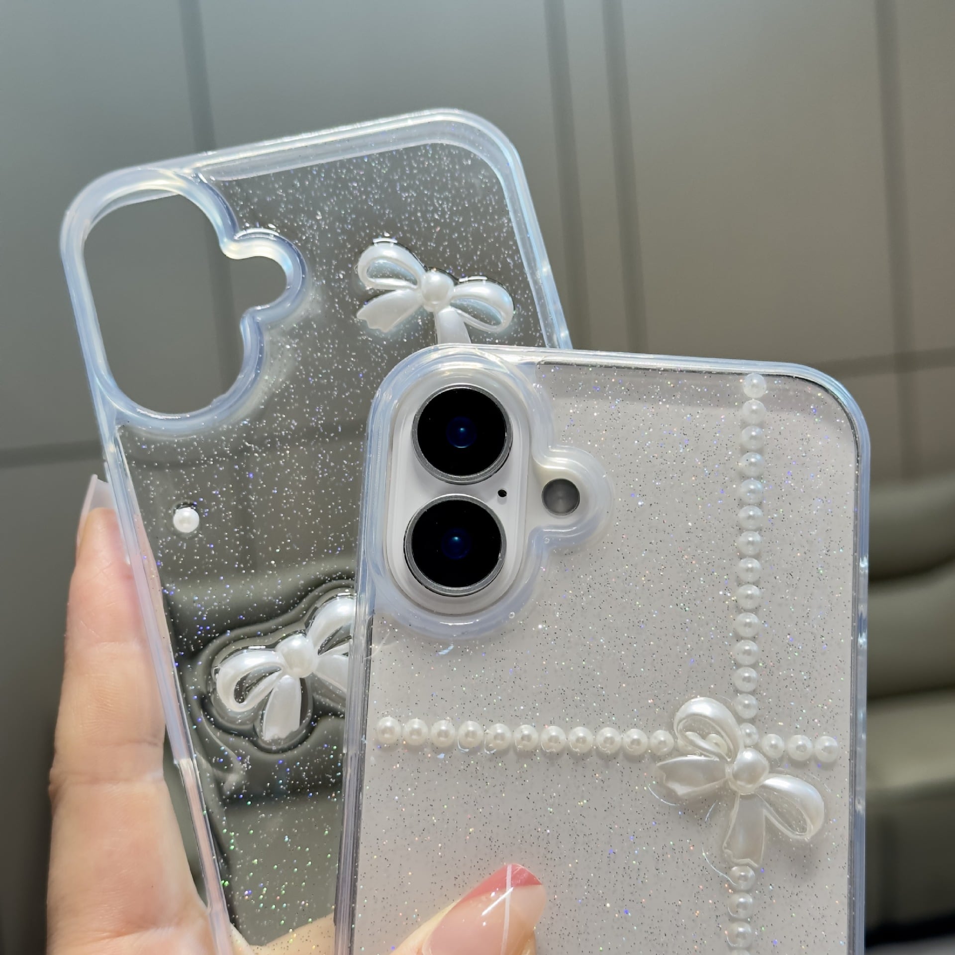 iPhone全機種対応】リボンが可愛い❤︎クリアケース パール リボン