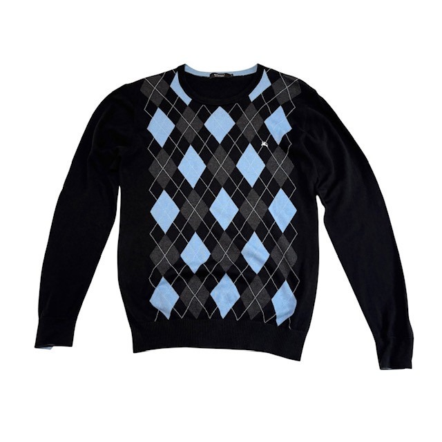 中古 バーバリーブラックレーベル 長袖 コットンセーター クリーニング済み アーガイル柄 黒×ブルー メンズ サイズ1