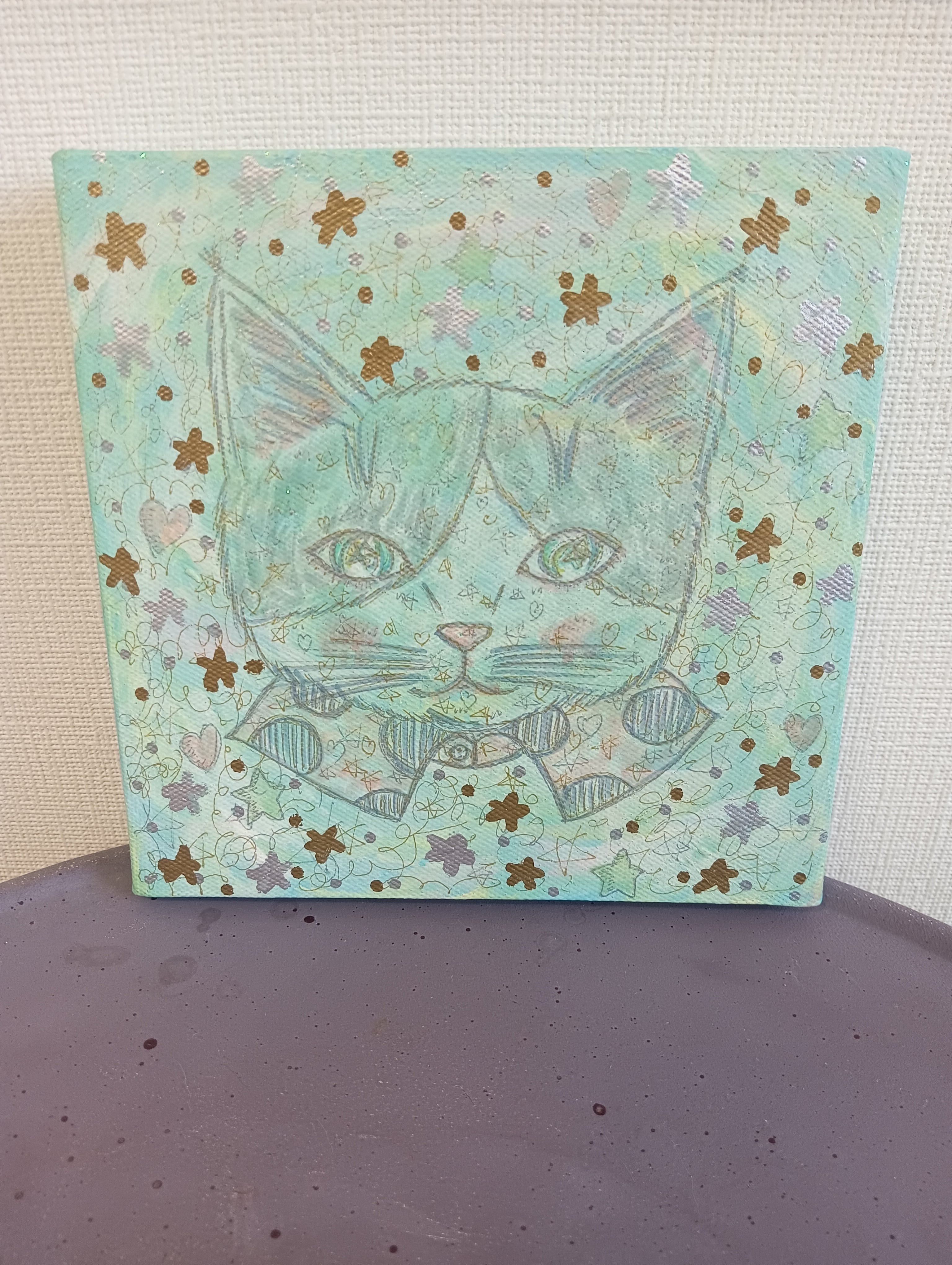 原画】キラキラ可愛い☆猫イラスト エリーちゃん（淡い水色）正方形
