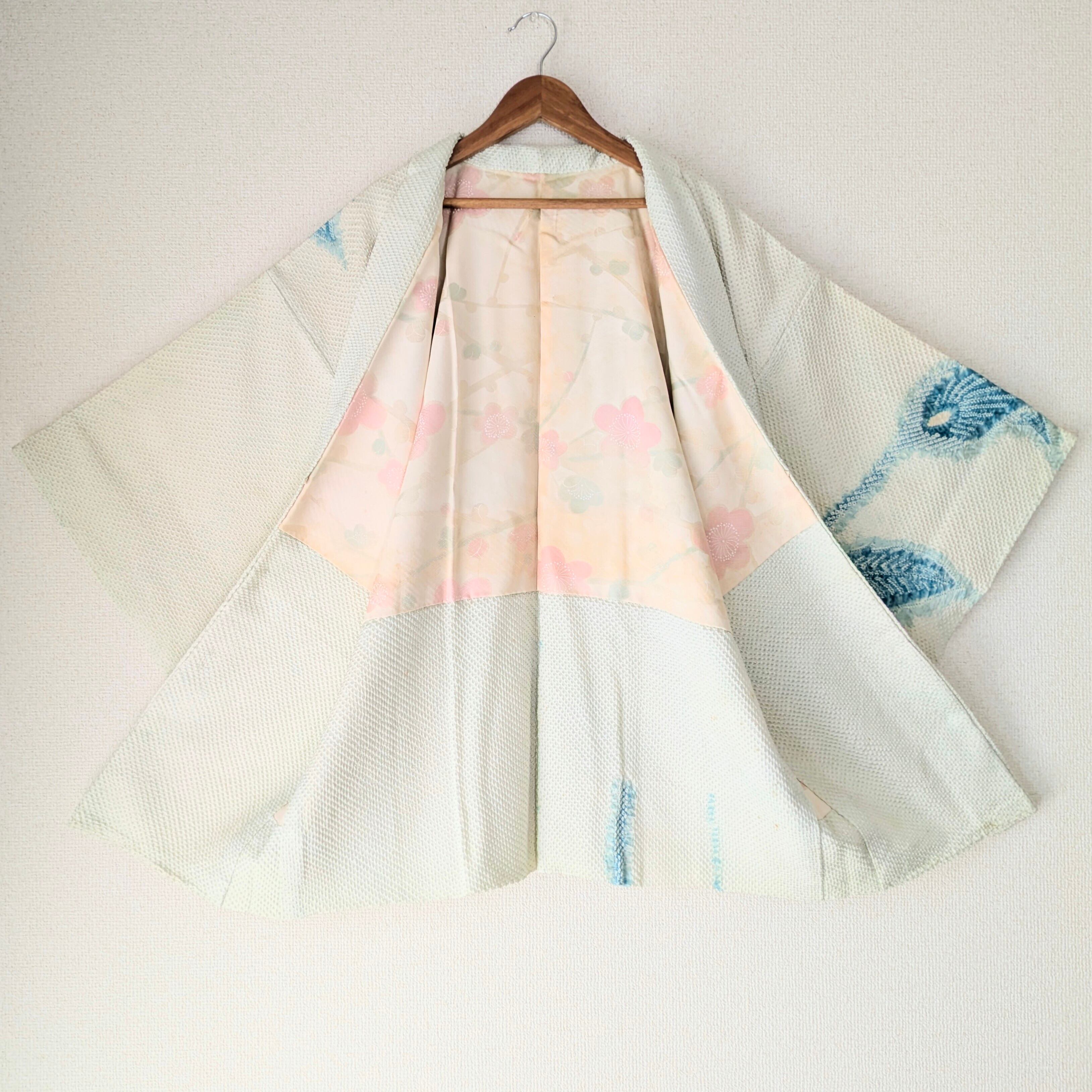 Vintage】HAORI 羽織 正絹 総絞り 白 水色 大正浪漫 古布 時代布 和洋