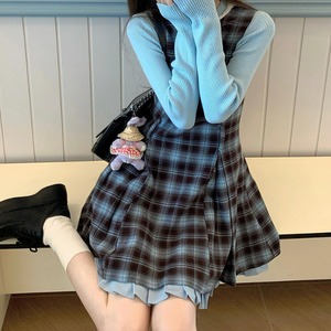 【2点セット】レースネックリブニットトップス＋フリルヘムチェックジャンスカ ・78917