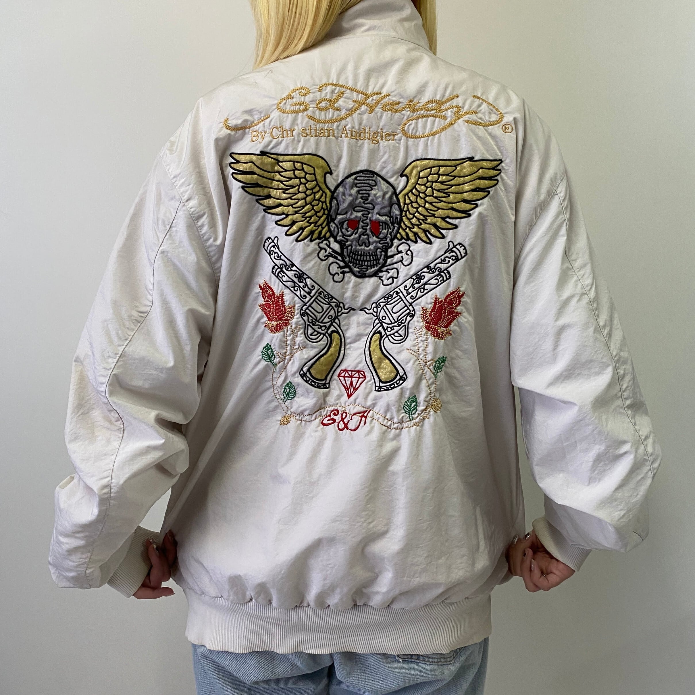 【送料無料】エドハーディー ナイロンジャケット Ed-Hardy エドハーディー スカル 刺繍 ナイロンジャケット メンズXL