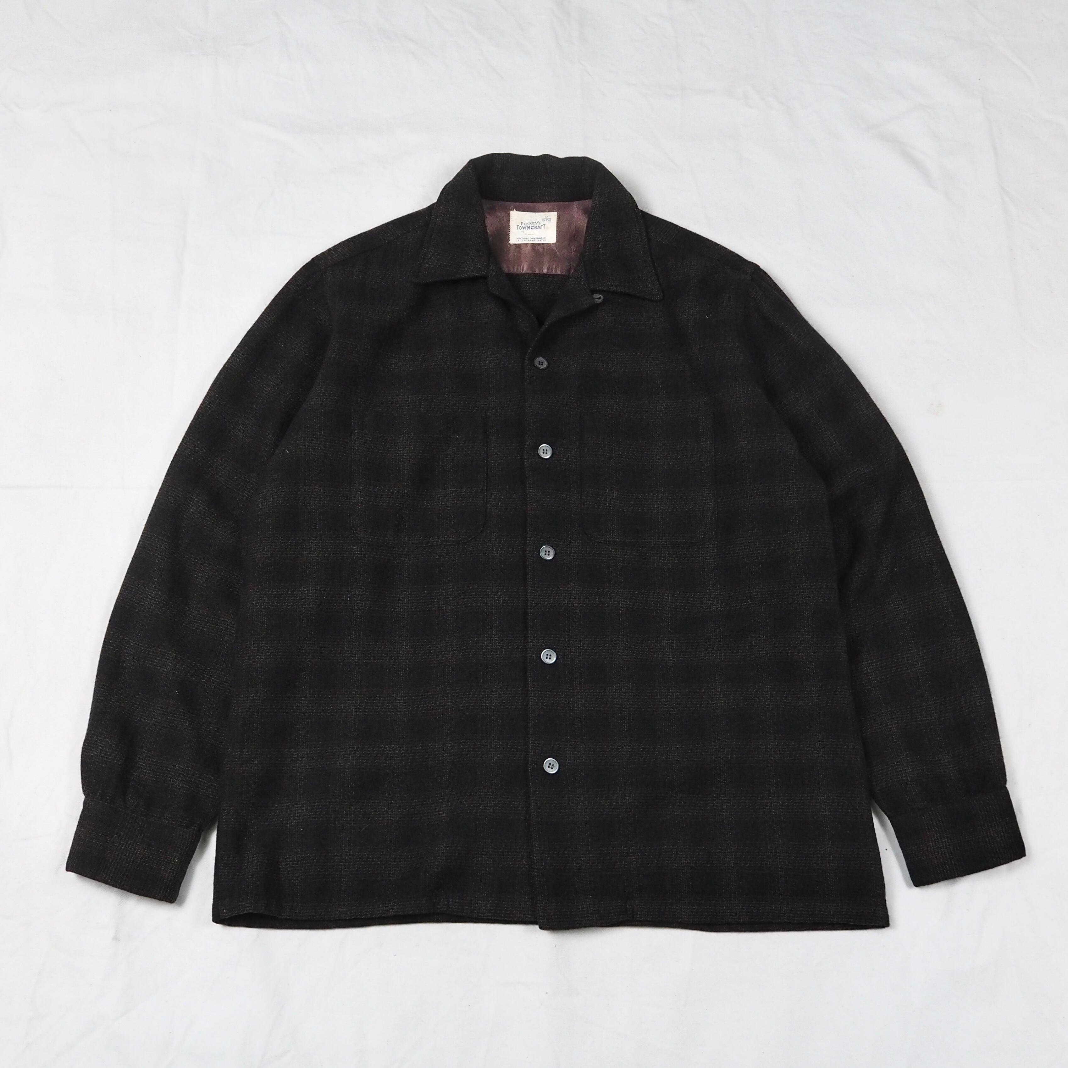 TOWNCRAFT Open collar plaid wool shirt M