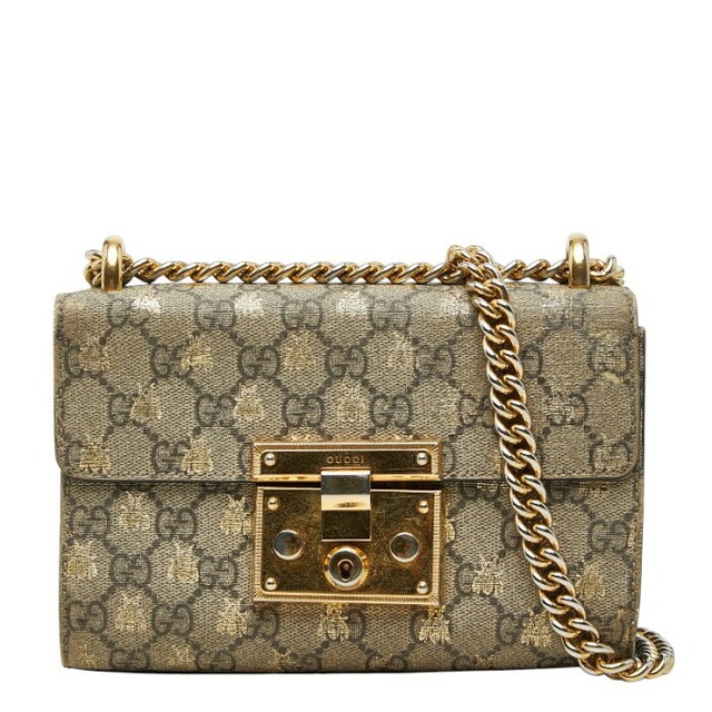 グッチ GGスプリーム パドロック チェーン ショルダーバッグ 409487 ブラック ゴールド レザー レディース GUCCI 【中古】