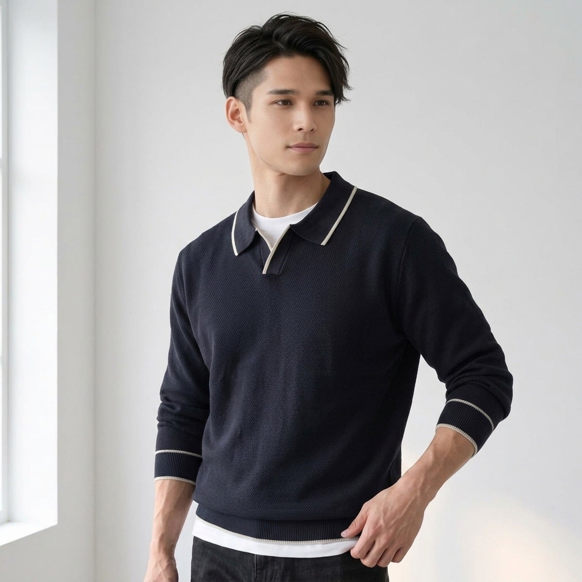 配色ライン スキッパー 長袖 ニットポロシャツ 4color KA1459