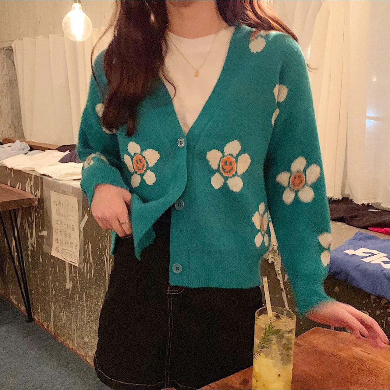 REGIT】SMILE FLOWER KNIT CARDIGAN-MINT 韓国ファッション スマイル