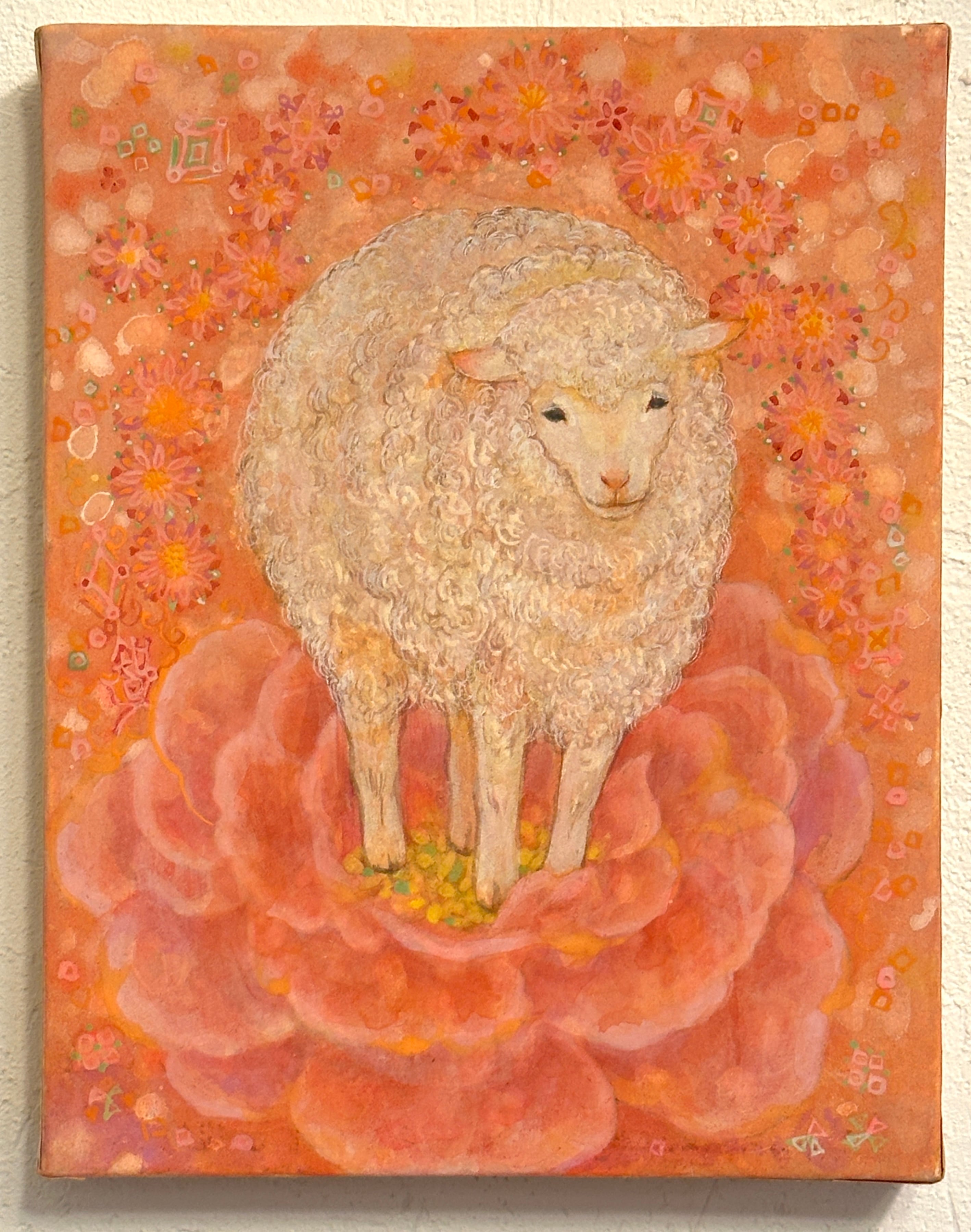 花の上にたたずむ《花羊》はなひつじ 原画 額装｜岩絵具・金泥 中井