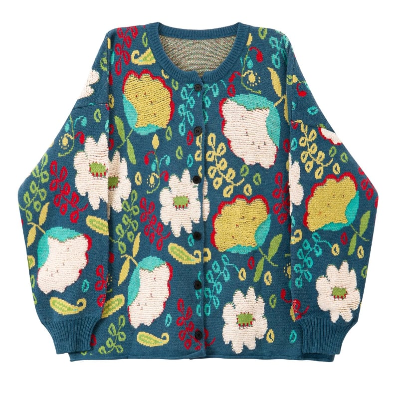 Teal Blue Botanical Jacquard Cardigan S0186