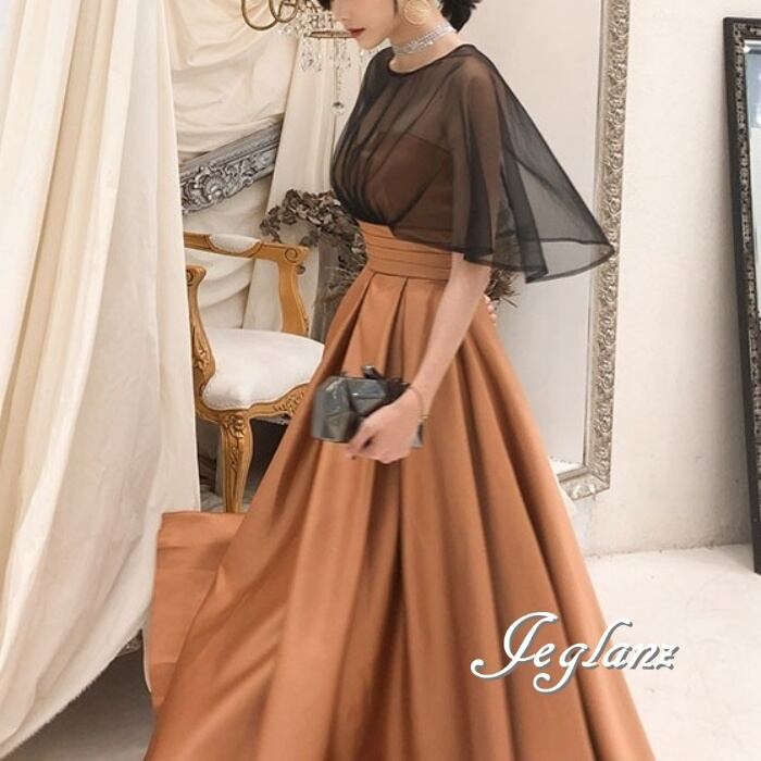 イブニングドレス ベアトップ タック入り 背中 編み上げ ケープ付き シアー感 (M1291)