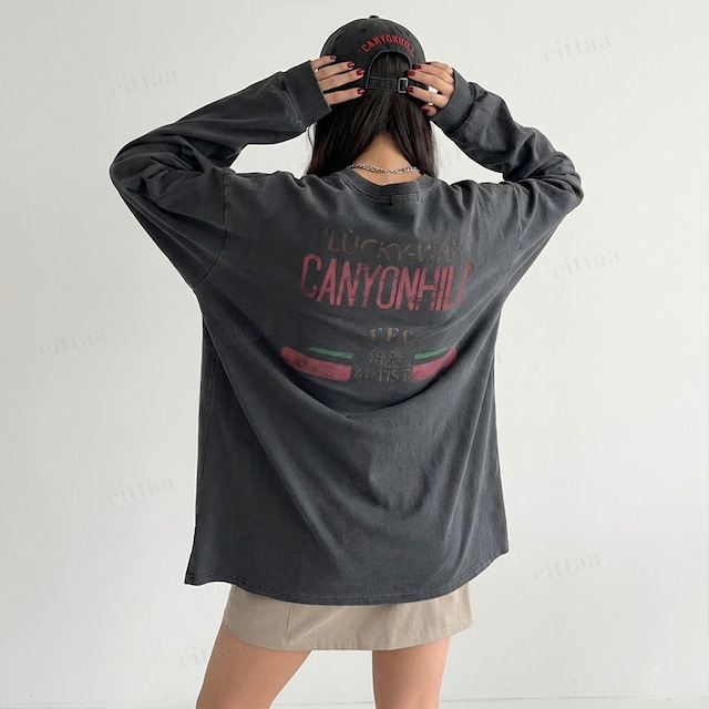【即納】Y-4793　2026新作♡CANYONHILLSヴィンテージプリント長袖Tシャツ　チャコール　0120