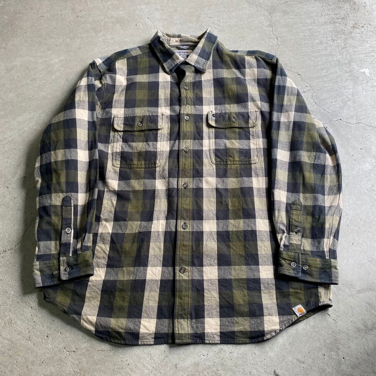 カーハート carhartt チェック柄ヘビーネルシャツ・オリーブ系 68166