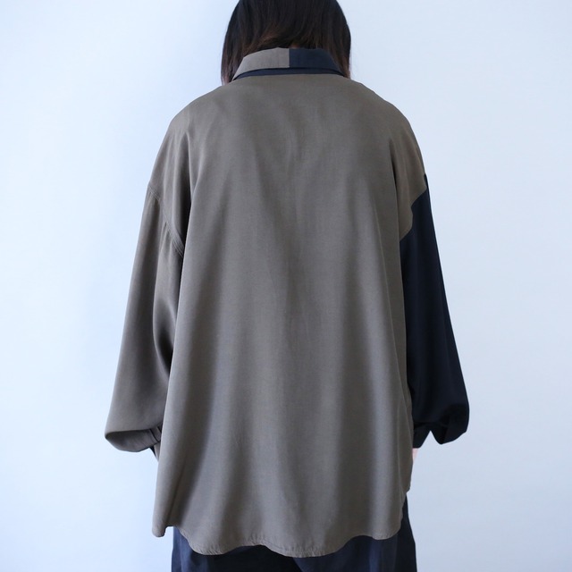 "black×khaki" bi-color switching design loose silhouette shirt