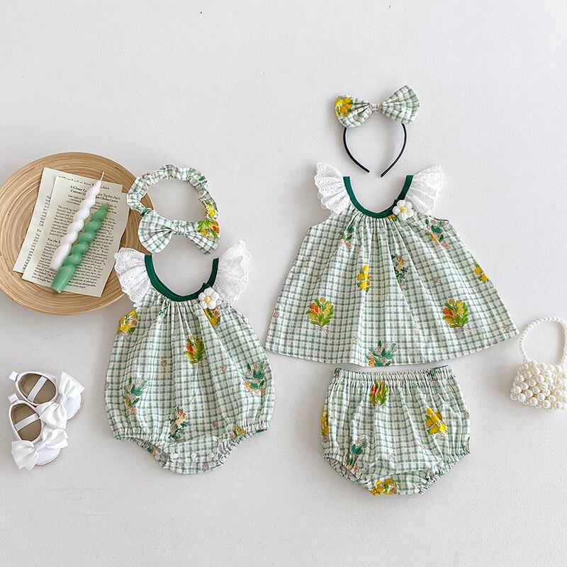 【BABY】韓国風 チェック柄ロンパース セットアップ