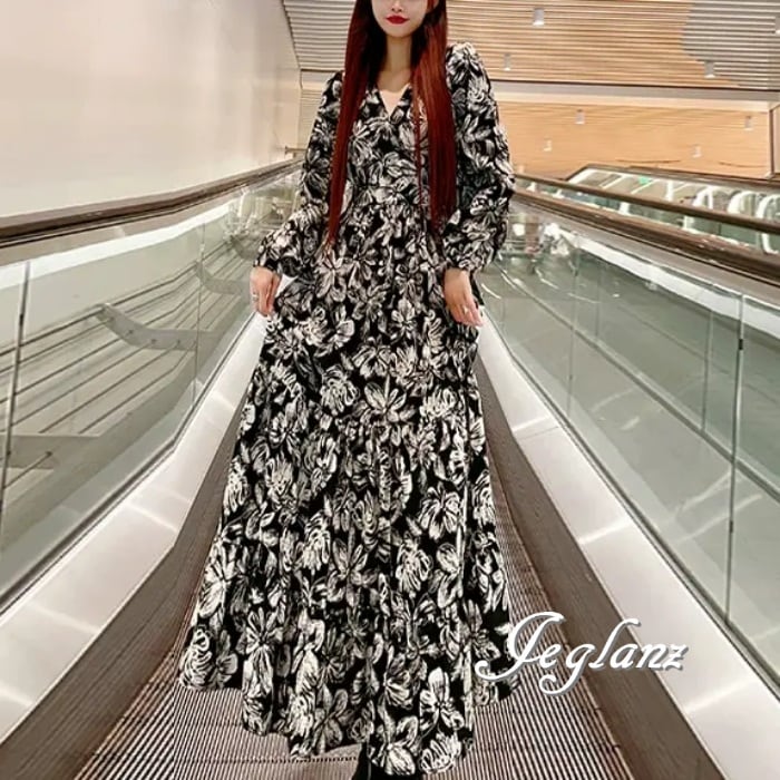 マキシ 花柄 プリント ワンピース Aライン モノトーン ♪ (MA681)γ