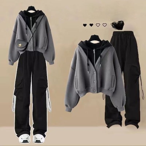 秋冬 フェイクレイヤード アウター+カーゴパンツ 2点セット 韓国ファッション ゆったり レディースセットアップ