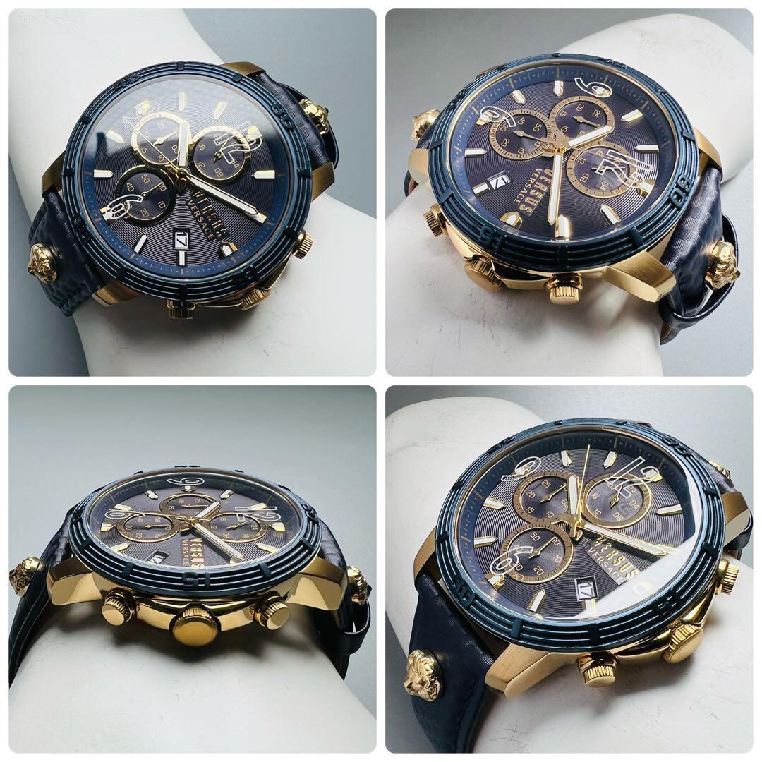 腕時計 新品 ヴェルサス ヴェルサーチ メンズ ダークブルー系 ゴールド 高級ブランド クロノグラフ ケース直径46mm クォーツ 濃紺 ゴールド