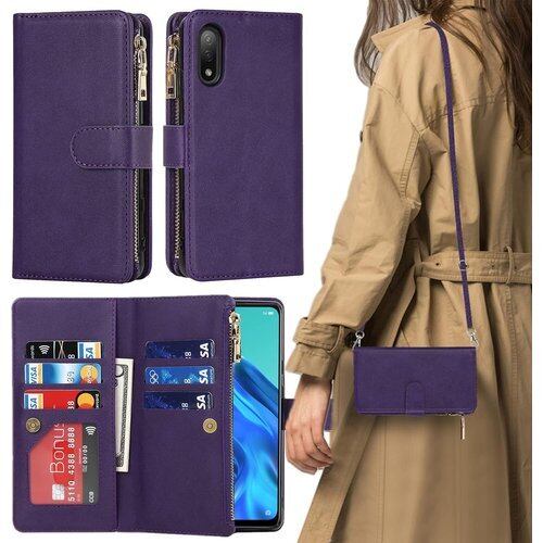 Xperia Ace II ケース 手帳型 ショルダー エクスペリアACE II スマホケース Xperia Ace ll ケース 携帯カバー ace2 ケース 手帳型 適用 CASE iCoverCase ストラップホール付き カード収納 バッグ マグネット 留め具 肩がけ 首掛け 斜め掛け カードケース ファスナー型 ストラップ付き カバー ショルダーケース クロスボディケース カード入れ スマホケース 携帯カバー パープル 1092