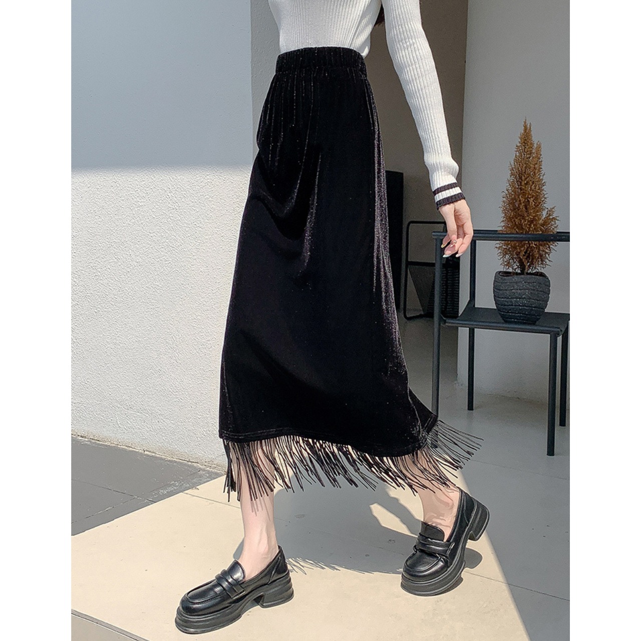 フリンジ ベルベット スリット スカート 10311