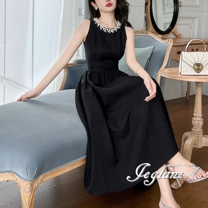 パール付き パーティドレス ワンピース ノースリーブ フレア スカート(M6498)ζ