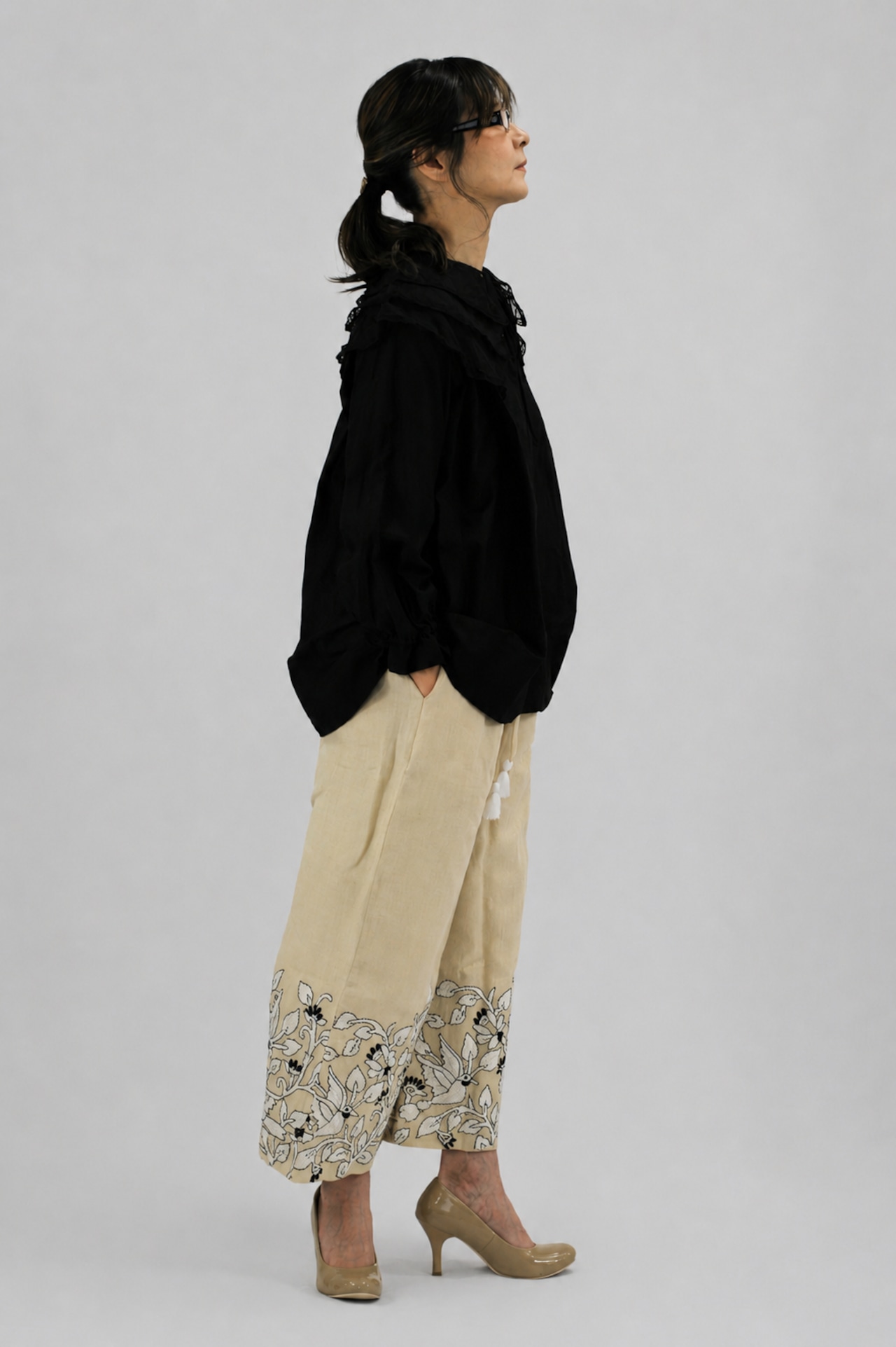 TOWAVASE(トワヴァーズ)Leavers blouse シルクコットン 3重衿ブラウス/ black
