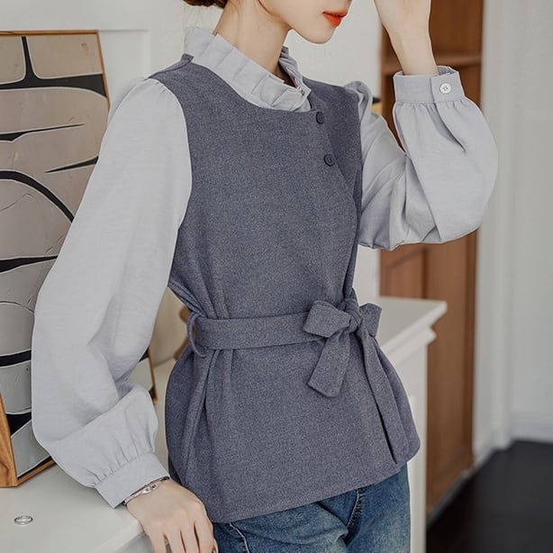 Fake 2 piece Waist belt stand collar blouse TO0849