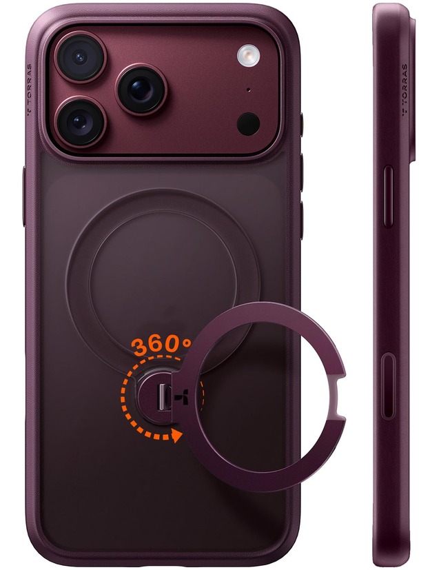 TORRAS iPhone 18 Pro 用ケース【多機能一体・360°ゼンマイ式スタンド】リング 3倍米軍規格 精密Magsafe対応 パープル