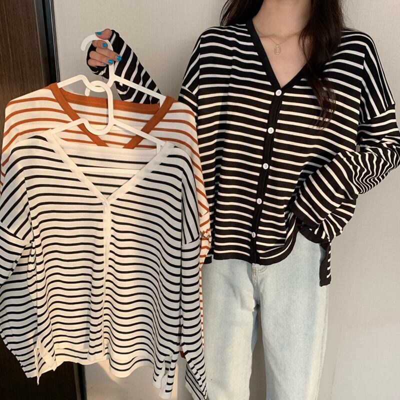 ルーズストライプカーディガンジャケット オータムスタイル薄手セーター レディース ロング 秋物 試着室42819099268