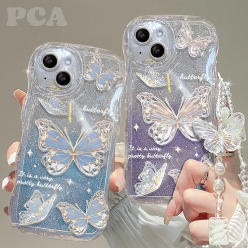 【240914】キラキララメ バタフライ 蝶々ストラップ付き スマホ ケース カバー iphoneケース