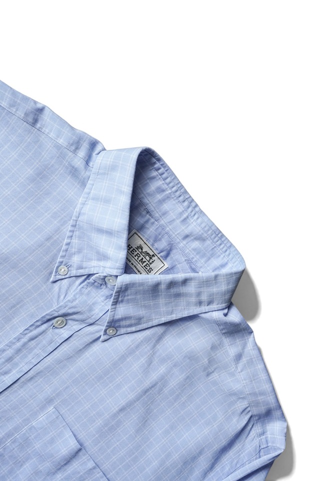 00's "HERMÈS" Cotton Gaze Tartan-check Pattern Button-down Collar Shirt Made in FRANCE